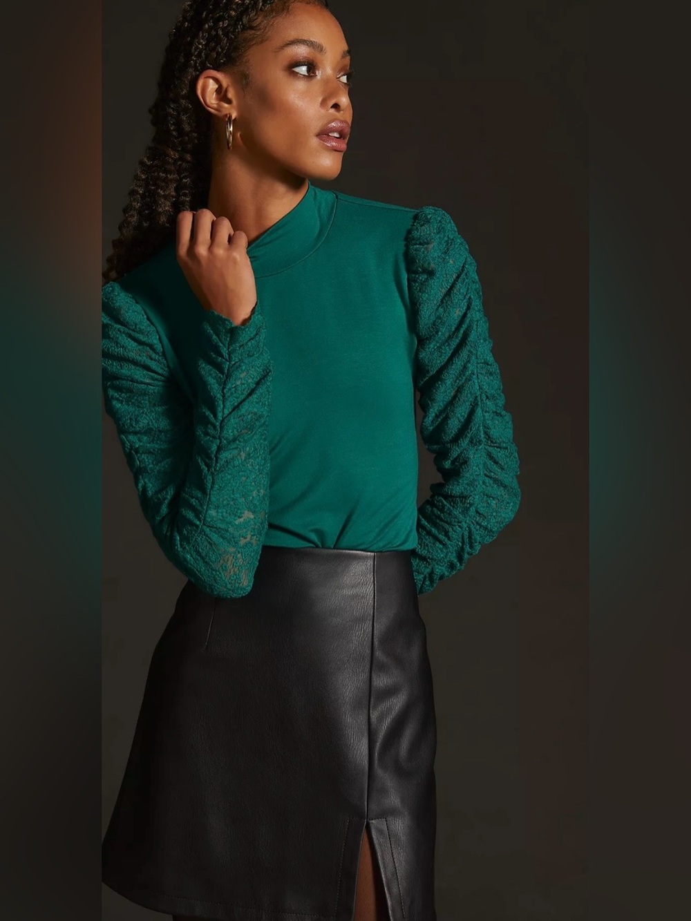 Anthropologie Maeve Green Ruched Sleeve Mock Neck Top Small - Picture 7 of 7